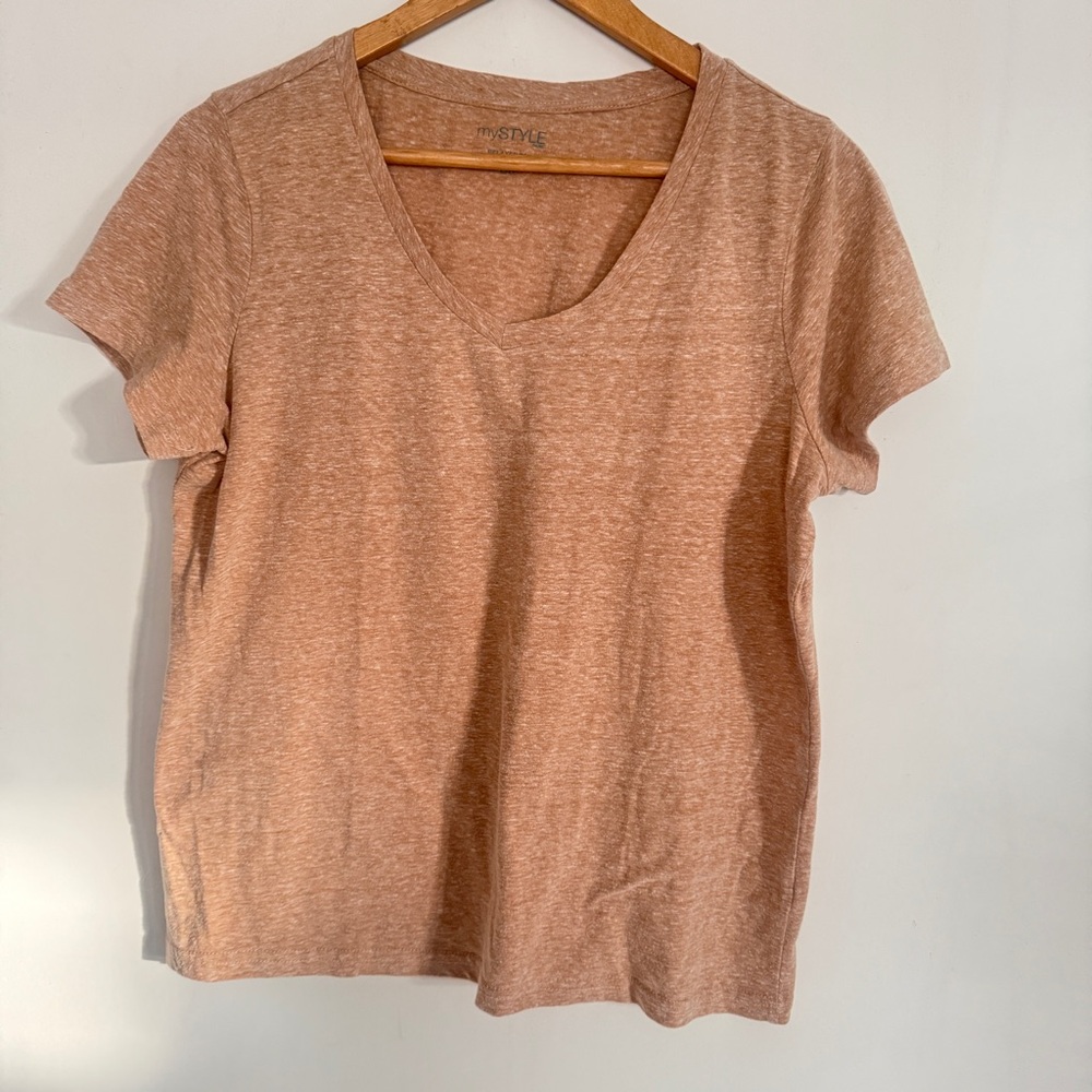 My Style Women Tan V Neck Short Sleeve Pullover T Shirt Size L